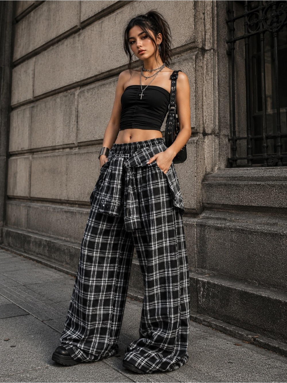 Wide Leg Plaid Pants with Tie Front Skirt - Black/White